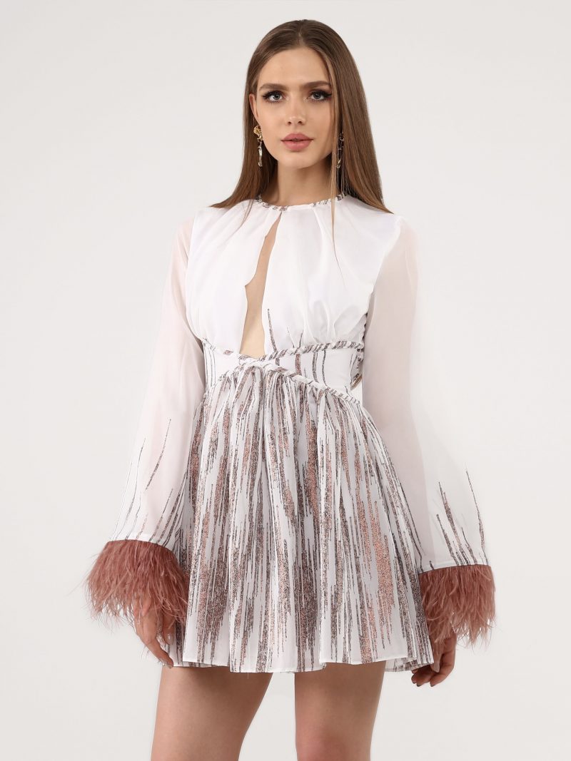 Swan Tüylü Şifon Mini Elbise